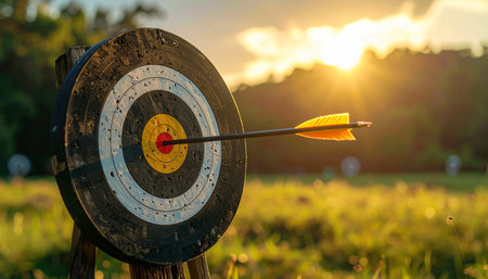 An arrow is lodged in the bullseye of an archery target with a sunset over a grassy field.の素材