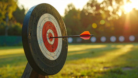 An arrow pierces the bullseye of a circular archery target in warm golden hour sunlight.の素材