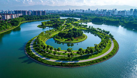 Panoramic aerial view of a city park featuring a large lake with intricate winding pathways and lush trees.の素材