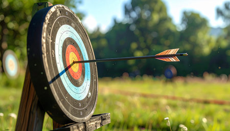 An arrow is embedded in the bullseye of a colorful archery target set up in a sunlit, grassy outdoor area.の素材