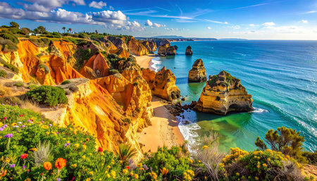 Colorful flowers frame a scenic view of Algarve Portugal's dramatic orange cliffs and turquoise ocean.の素材