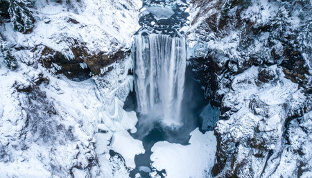 Aerial view of Skogafoss waterfall in Iceland surrounded by snow and ice formations.の素材