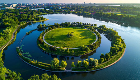 A circular island covered in green grass and a path is in a large lake, with a city and trees beyond.の素材