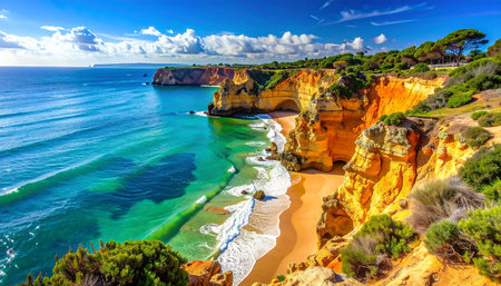 Golden cliffs and a sandy beach are bordered by clear blue-green ocean waters with gentle waves.の素材