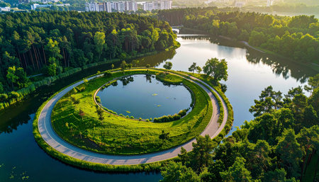 Aerial view of a circular park island in a lake, bordered by dense forest and distant city buildings.の素材