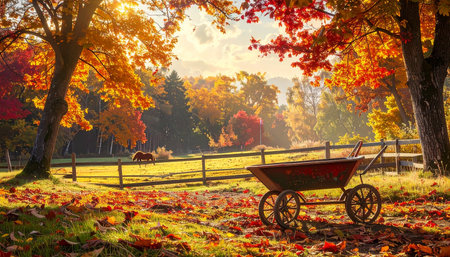 A horse and a wheelbarrow are in a sunlit field with vibrant red and orange autumn trees.の素材
