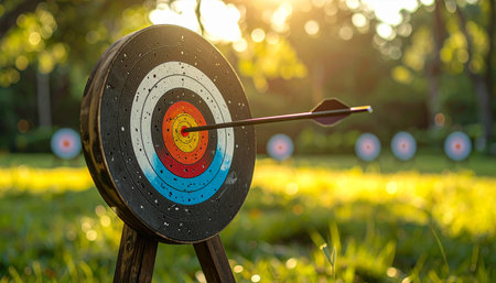 Multiple archery targets are set up in a grassy field with an arrow embedded in the bullseye of the closest one.の素材