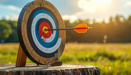 An arrow is perfectly placed in the bullseye of an archery target resting on a tree stump.の素材