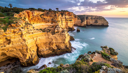Rugged orange cliffs meet the ocean at sunset, with silky water and a dramatic cloudy sky.の素材