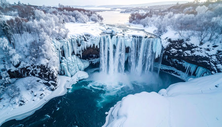 Majestic frozen waterfall with icicles and vibrant turquoise water in a snowy winter landscape.の素材