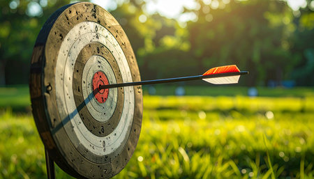 A single arrow is embedded in the bullseye of an archery target, bathed in warm sunlight.の素材