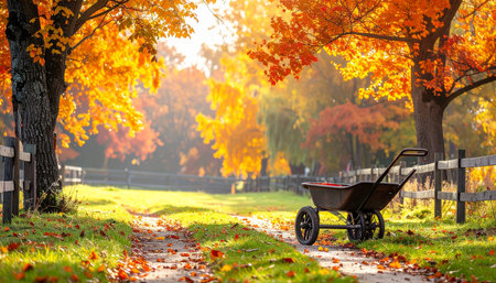 A wheelbarrow sits on a path lined with trees displaying vibrant orange and yellow autumn foliage and fallen leaves.の素材