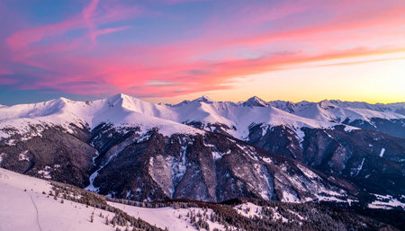 Snow-covered mountain peaks stretch across the horizon under a vibrant pink and orange sunset sky.の素材
