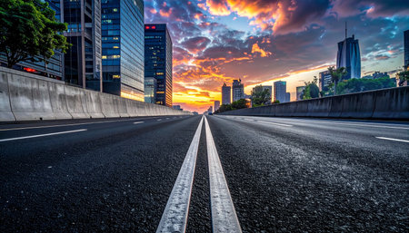 An empty highway leads through a modern city skyline at sunset, with dramatic clouds filling the sky.の素材