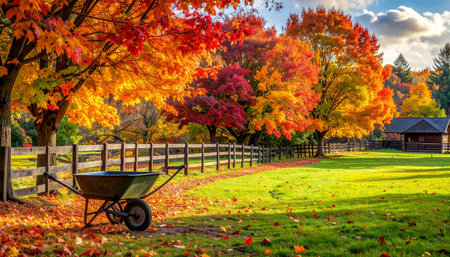 A wheelbarrow rests on a green lawn with a wooden fence and vibrant autumn trees. Clear details and vibrant colors en...の素材