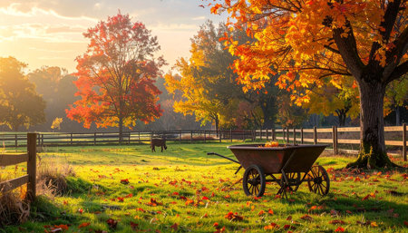 An antique wheelbarrow is positioned in a sunlit field surrounded by colorful autumn trees and a horse.の素材