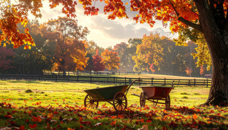 Two wheelbarrows sit in a sunlit autumn field with colorful trees and a carpet of fallen leaves in the foreground.の素材