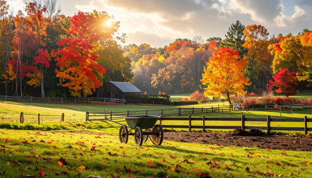 A rustic barn sits amidst vibrant autumn trees and a sunlit field with fallen leaves and a vintage cart.の素材
