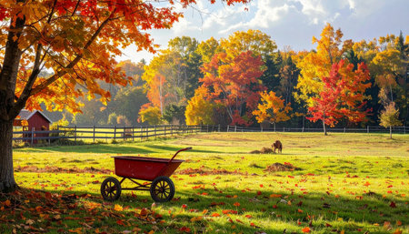 A red wheelbarrow sits in a field with vibrant autumn trees and a horse grazing in the distance.の素材