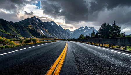 A winding asphalt road with yellow and white lines leads through a dramatic mountain landscape under a stormy sky.の素材
