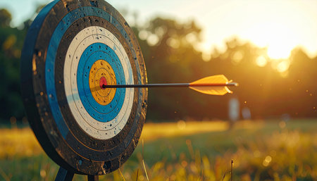A yellow-fletched arrow is centered in the bullseye of an archery target during sunset.の素材