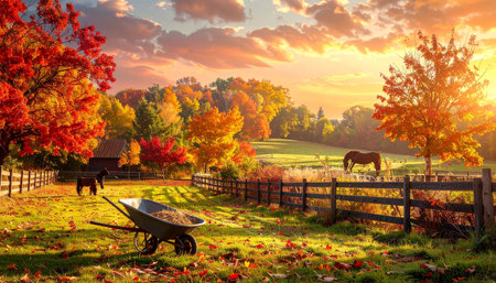 A horse grazes in a sunlit autumn pasture with a wheelbarrow and wooden fence. Clear details and vibrant colors enhan...の素材