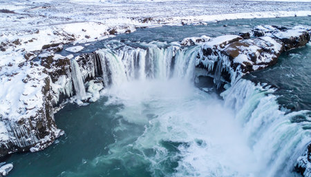 A dramatic aerial view of a powerful Icelandic waterfall in winter, featuring frozen edges and churning white water...の素材