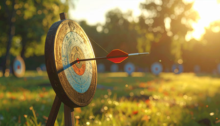 A close-up of an archery target with an arrow in the bullseye, illuminated by a bright sun flare.の素材