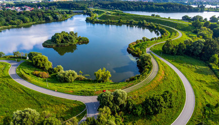 A winding pathway hugs the edge of a serpentine lake, bordered by lush green grass and trees under a partly cloudy sky.の素材
