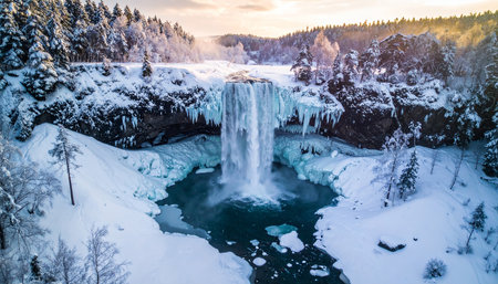 A majestic frozen waterfall in winter, with icicles hanging from cliffs and snow covering the surrounding landscape.の素材