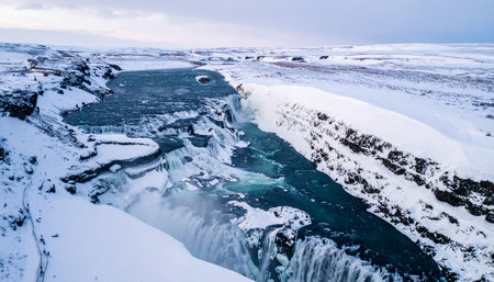 A sweeping aerial view of a wide, cascading waterfall in Iceland, set within a vast, snow-covered winter landscape.の素材