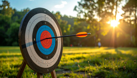 An archery target with an orange fletched arrow in the bullseye is set in a sunny park.の素材