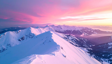 Expansive snow-capped mountain ranges illuminated by a dramatic pink and purple sunset sky.の素材