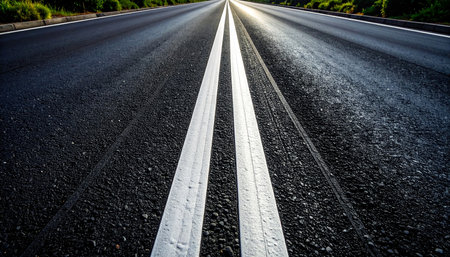 An empty asphalt road with distinct white double lines stretches towards a bright, sunlit horizon.の素材