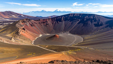 An expansive volcanic crater landscape features a central cone, surrounding slopes, and distant mountain ranges...の素材