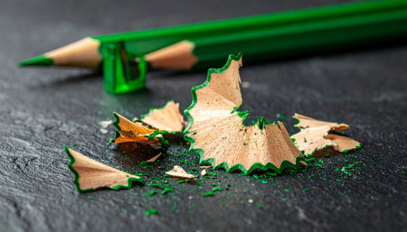 A green pencil and sharpener are surrounded by wood shavings and green dust on a dark surface.の素材
