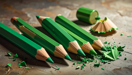 Five green pencils and a sharpener are on a stone surface with wood shavings and green dust.の素材
