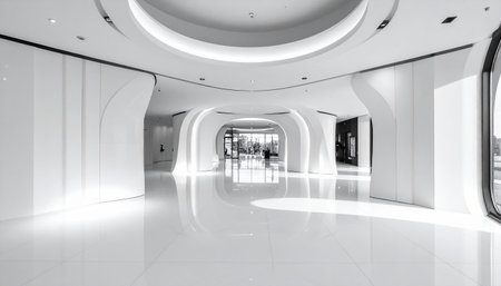 Futuristic white interior with organic curved architecture, bright lighting, and a polished reflective floor.の素材