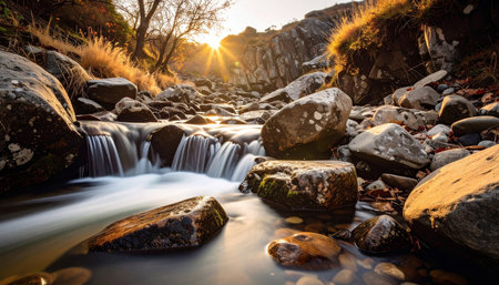 A rocky stream with a small waterfall illuminated by the golden light of a sunset.の素材