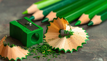 Green colored pencils, sharpener, and wood shavings scattered on a textured surface.の素材