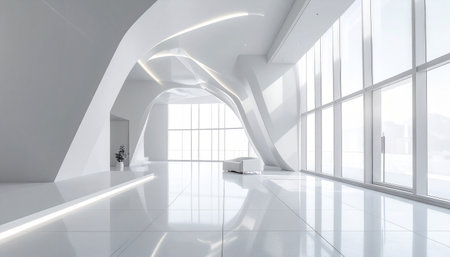 interior of a modern office building with white walls and white floorの素材