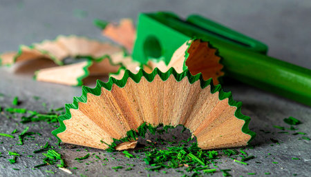 Detailed view of green pencil shavings curled like a fan on a textured dark gray surface.の素材