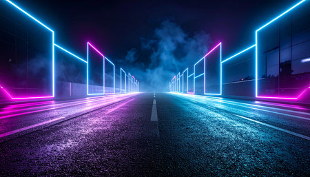 A wet highway at night is framed by glowing neon blue and pink rectangular structures with smoke in the background.の素材