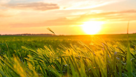 A vibrant sunset casts a warm golden glow over a lush green field of ripening wheat stalks.の素材