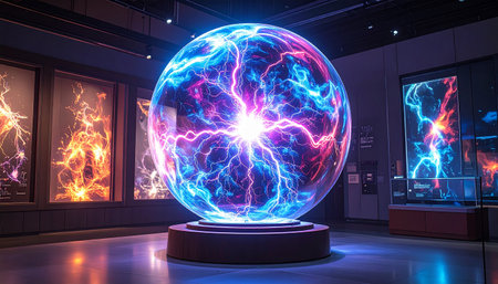 A brightly lit plasma sphere with electric currents is showcased in a modern science exhibition with digital displays.の素材
