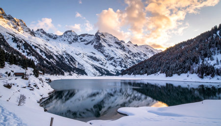 Snow-covered mountains and a tranquil lake are bathed in the golden light of sunrise, with dramatic clouds overhead.の素材