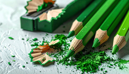 Green pencils and a sharpener are on a white textured surface with wood shavings and green dust.の素材
