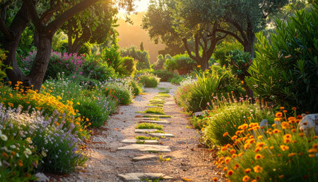 A sunlit garden path with stepping stones is bordered by abundant wildflowers and lush green foliage.の素材