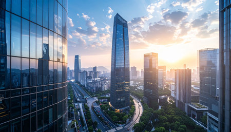 A futuristic city with modern skyscrapers and a winding road surrounded by greenery during sunset.の素材