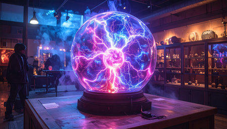 A vibrant plasma ball with electric tendrils is displayed in a dark room with a silhouetted figure nearby.の素材